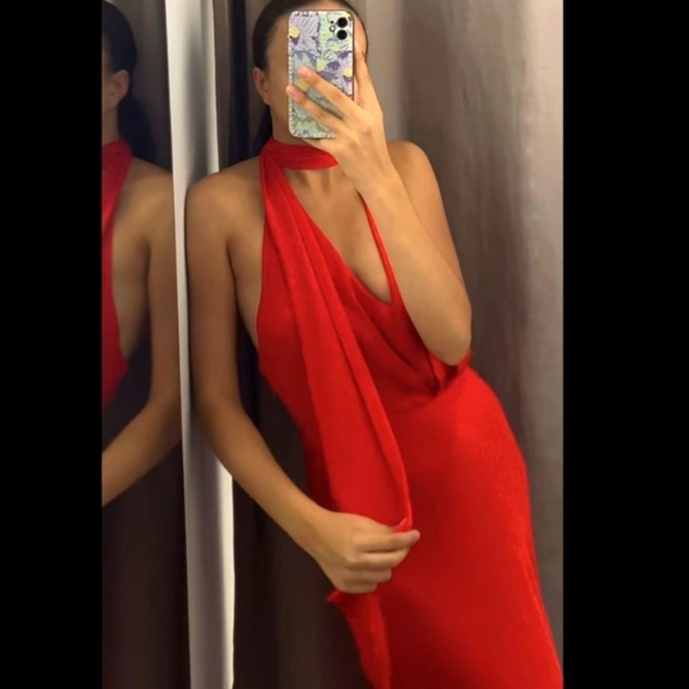 Zara Red Halter Neck Draped Bodycon Dress